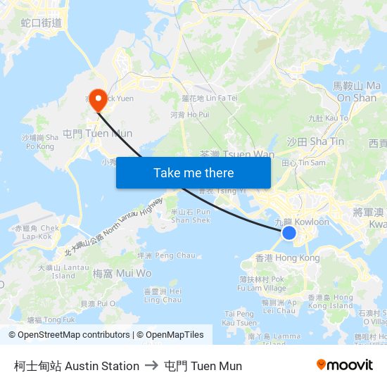 柯士甸站 Austin Station to 屯門 Tuen Mun map