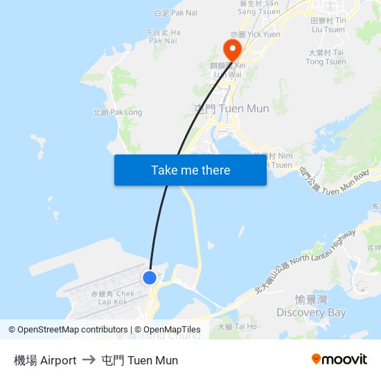 機場 Airport to 屯門 Tuen Mun map