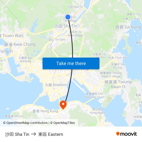 沙田 Sha Tin to 東區 Eastern map