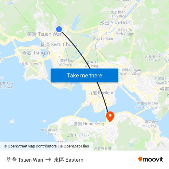荃灣 Tsuen Wan to 東區 Eastern map