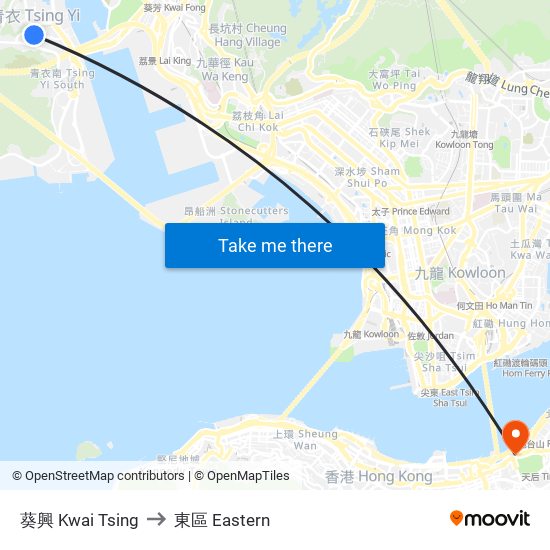 葵興 Kwai Tsing to 東區 Eastern map