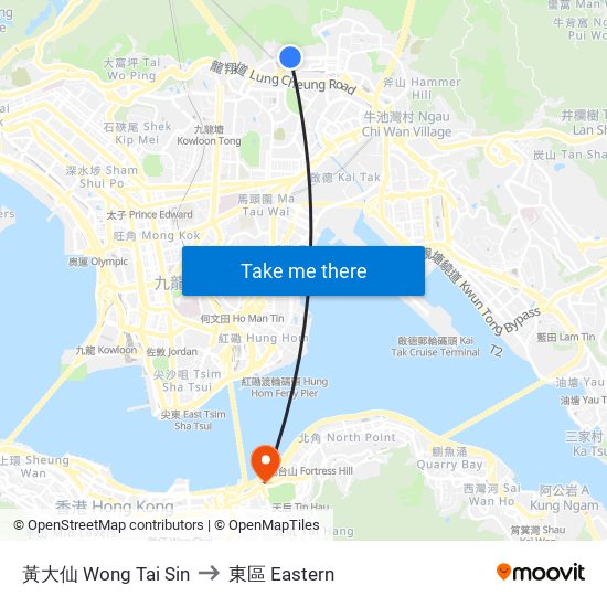 黃大仙 Wong Tai Sin to 東區 Eastern map