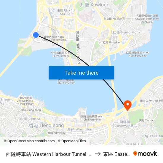 西隧轉車站 Western Harbour Tunnel Bbi to 東區 Eastern map