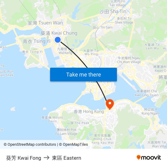 葵芳 Kwai Fong to 東區 Eastern map