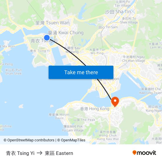 青衣 Tsing Yi to 東區 Eastern map