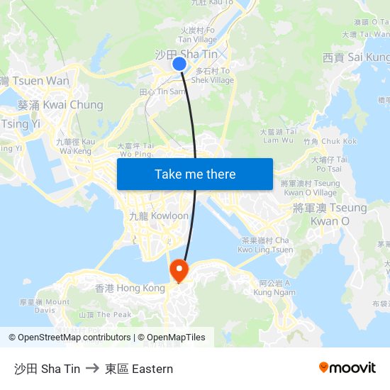 沙田 Sha Tin to 東區 Eastern map