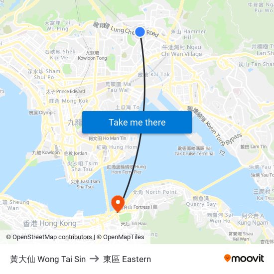 黃大仙 Wong Tai Sin to 東區 Eastern map