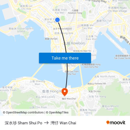 深水埗 Sham Shui Po to 灣仔 Wan Chai map