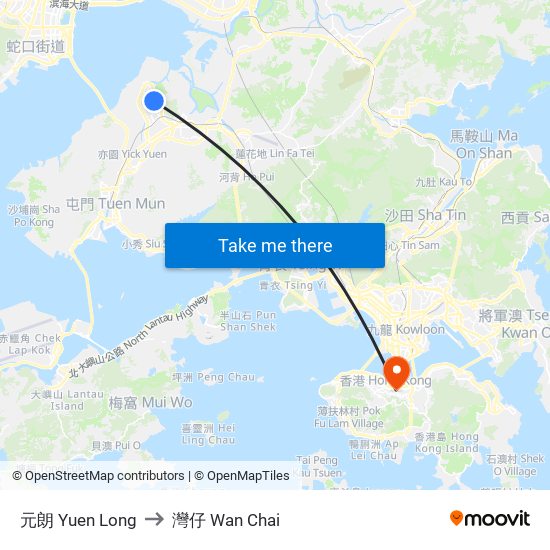 元朗 Yuen Long to 灣仔 Wan Chai map