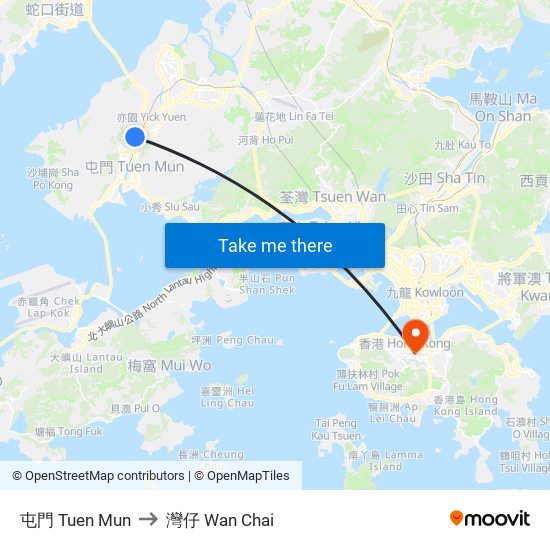 屯門 Tuen Mun to 灣仔 Wan Chai map