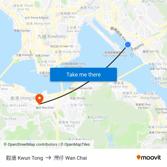 觀塘 Kwun Tong to 灣仔 Wan Chai map
