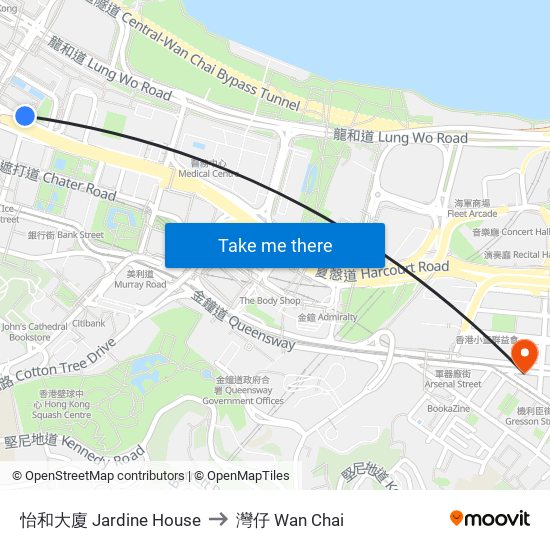 怡和大廈 Jardine House to 灣仔 Wan Chai map