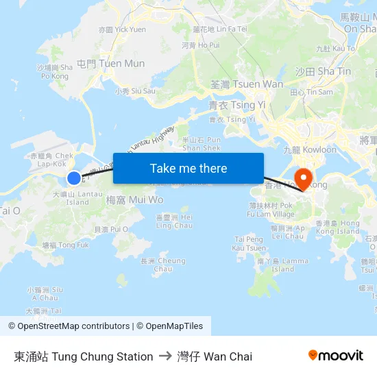 東涌站 Tung Chung Station to 灣仔 Wan Chai map