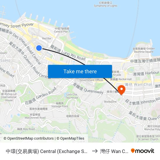 中環(交易廣場) Central (Exchange Square) to 灣仔 Wan Chai map