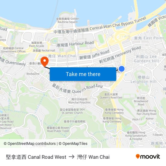 堅拿道西 Canal Road West to 灣仔 Wan Chai map