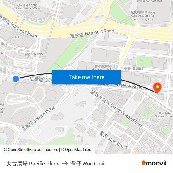 太古廣場 Pacific Place to 灣仔 Wan Chai map