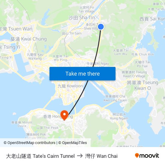 大老山隧道 Tate's Cairn Tunnel to 灣仔 Wan Chai map