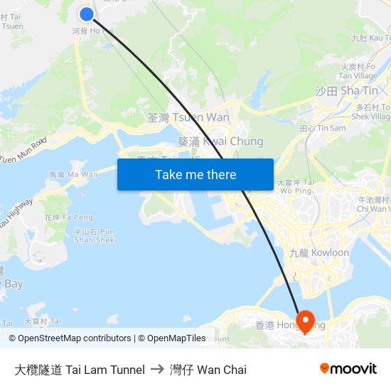 大欖隧道 Tai Lam Tunnel to 灣仔 Wan Chai map