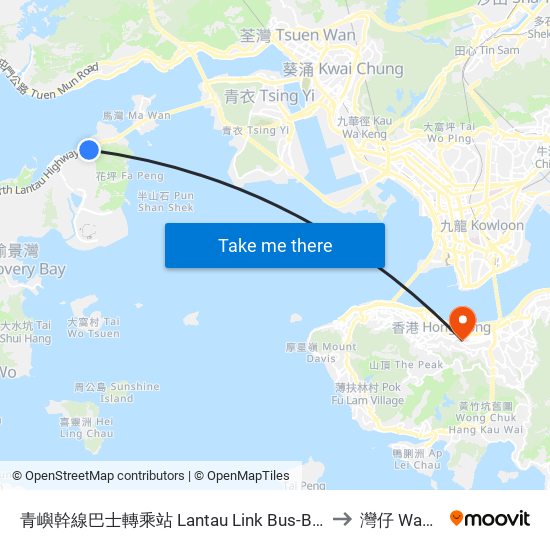 青嶼幹線巴士轉乘站 Lantau Link Bus-Bus Interchange to 灣仔 Wan Chai map