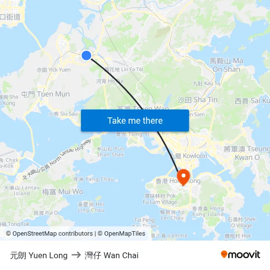 元朗 Yuen Long to 灣仔 Wan Chai map