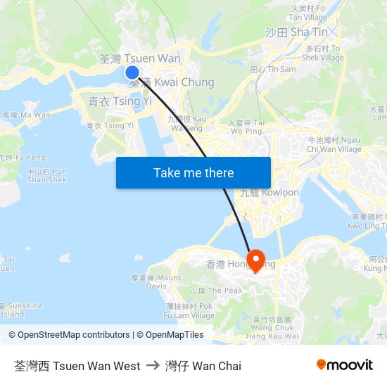 荃灣西 Tsuen Wan West to 灣仔 Wan Chai map