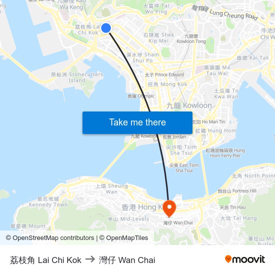 荔枝角 Lai Chi Kok to 灣仔 Wan Chai map