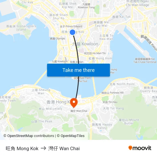 旺角 Mong Kok to 灣仔 Wan Chai map