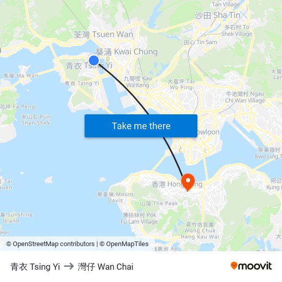 青衣 Tsing Yi to 灣仔 Wan Chai map