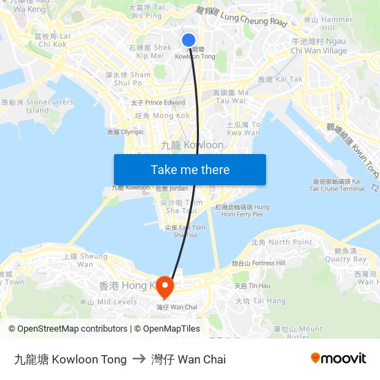 九龍塘 Kowloon Tong to 灣仔 Wan Chai map