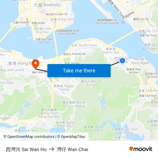 西灣河 Sai Wan Ho to 灣仔 Wan Chai map