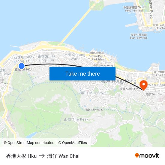 香港大學 Hku to 灣仔 Wan Chai map