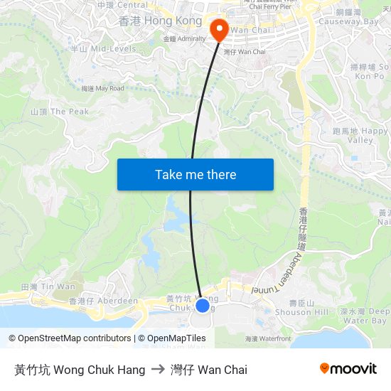 黃竹坑 Wong Chuk Hang to 灣仔 Wan Chai map