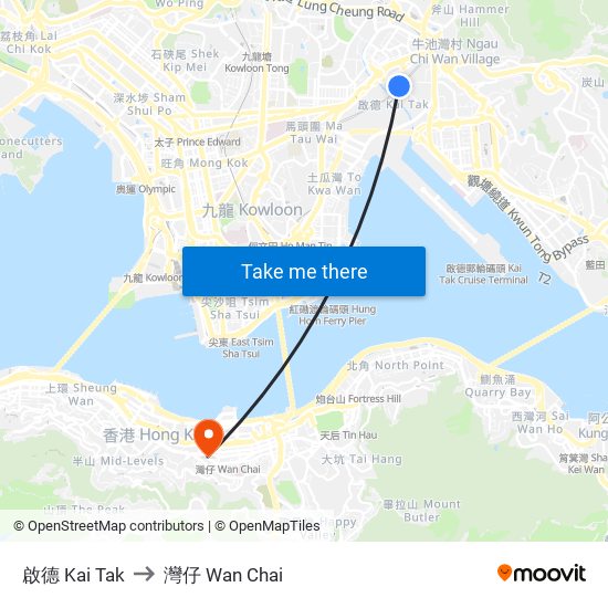 啟德 Kai Tak to 灣仔 Wan Chai map