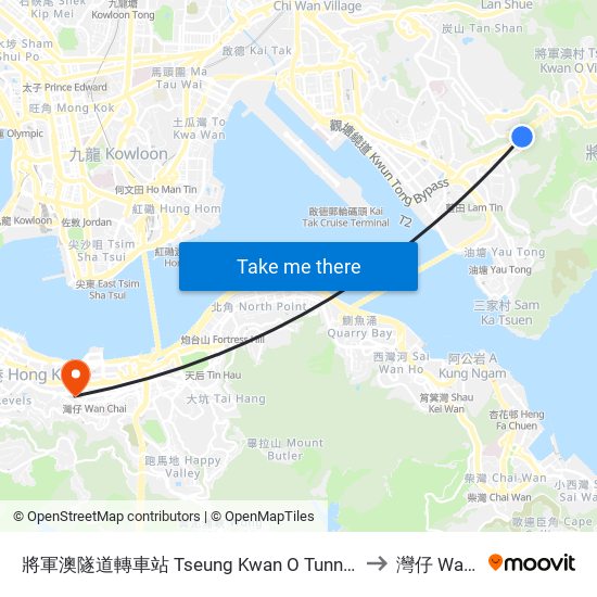 將軍澳隧道轉車站 Tseung Kwan O Tunnel Bus Interchange to 灣仔 Wan Chai map