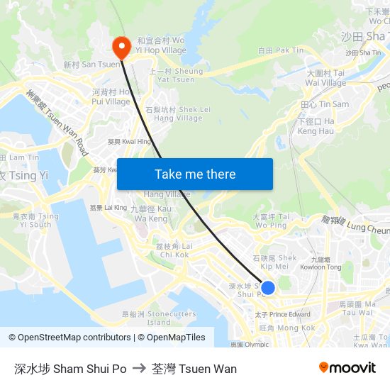 深水埗 Sham Shui Po to 荃灣 Tsuen Wan map