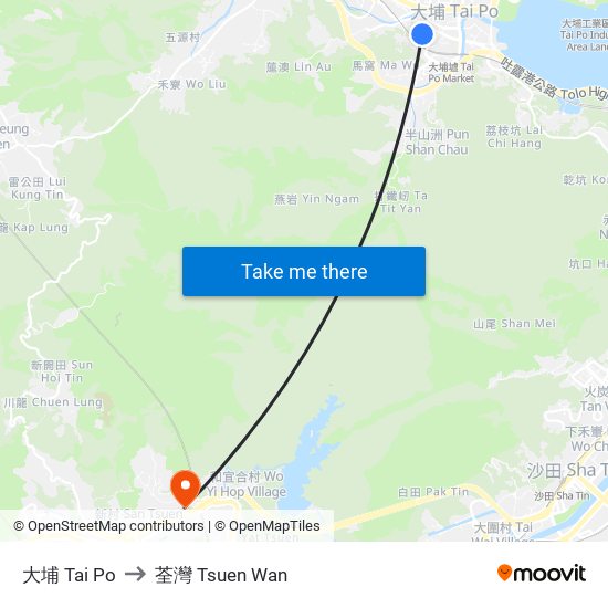 大埔 Tai Po to 荃灣 Tsuen Wan map