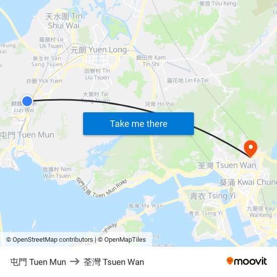 屯門 Tuen Mun to 荃灣 Tsuen Wan map