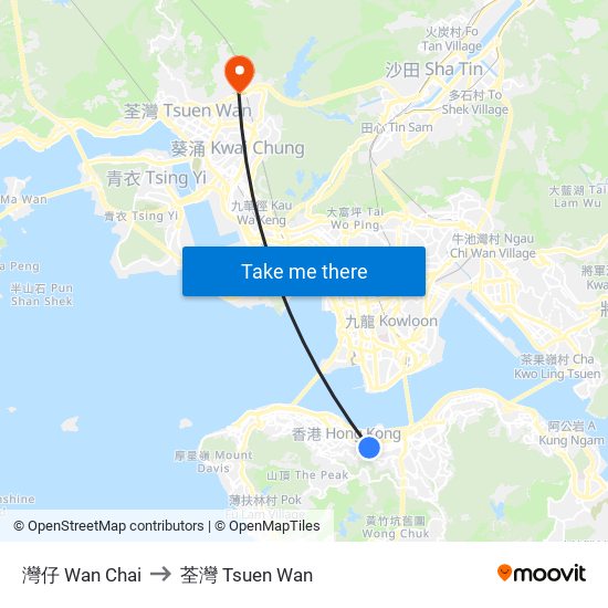 灣仔 Wan Chai to 荃灣 Tsuen Wan map