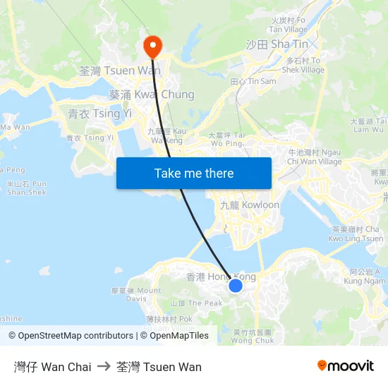 灣仔 Wan Chai to 荃灣 Tsuen Wan map