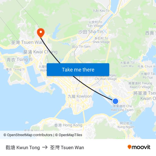 觀塘 Kwun Tong to 荃灣 Tsuen Wan map