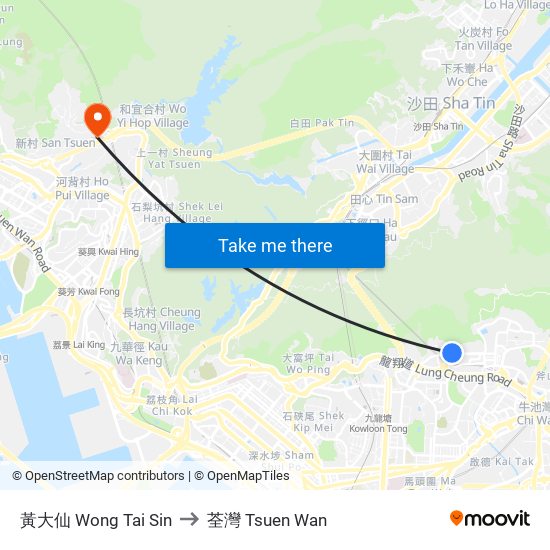 黃大仙 Wong Tai Sin to 荃灣 Tsuen Wan map