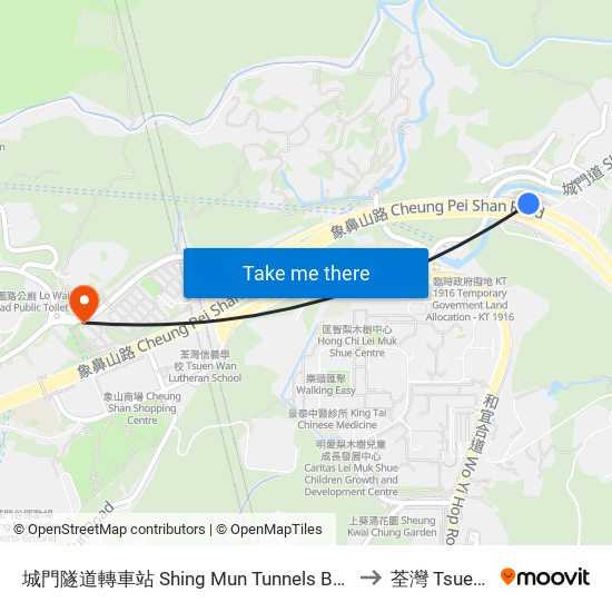 城門隧道轉車站 Shing Mun Tunnels Bus Interchange to 荃灣 Tsuen Wan map