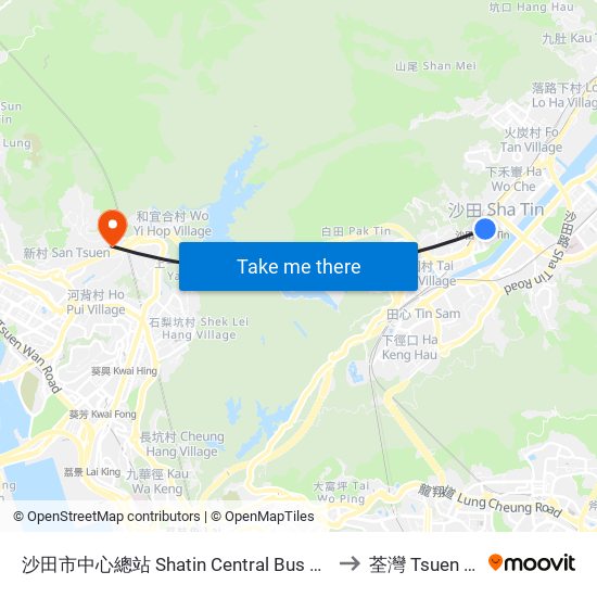 沙田市中心總站 Shatin Central Bus Terminus to 荃灣 Tsuen Wan map