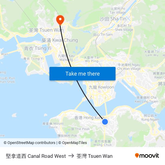 堅拿道西 Canal Road West to 荃灣 Tsuen Wan map