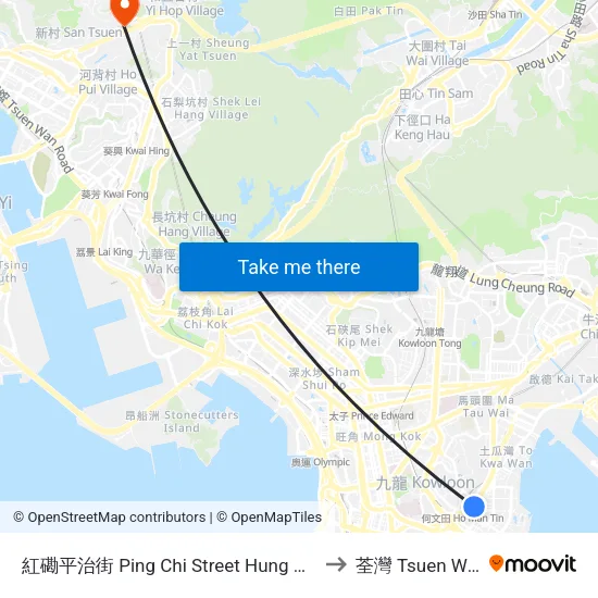 紅磡平治街 Ping Chi Street Hung Hom to 荃灣 Tsuen Wan map