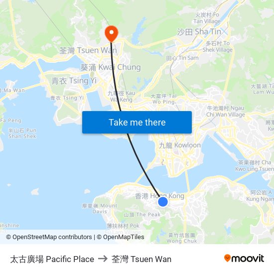 太古廣場 Pacific Place to 荃灣 Tsuen Wan map