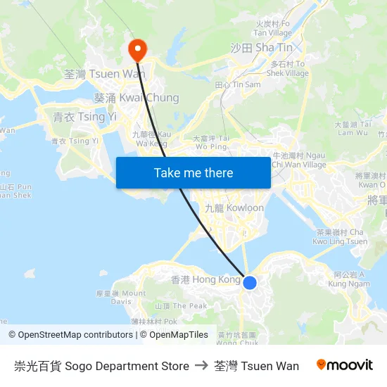 崇光百貨 Sogo Department Store to 荃灣 Tsuen Wan map