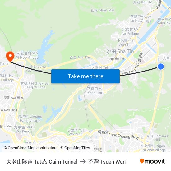大老山隧道 Tate's Cairn Tunnel to 荃灣 Tsuen Wan map