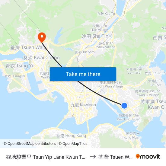 觀塘駿業里 Tsun Yip Lane Kwun Tong to 荃灣 Tsuen Wan map