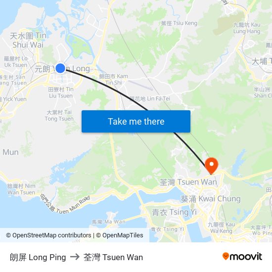 朗屏 Long Ping to 荃灣 Tsuen Wan map